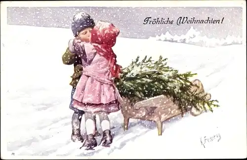 Künstler Ak Feiertag, Karl, zwei sich küssende Kinder im Schnee, Frohe Weihnachten, BKWI 3006