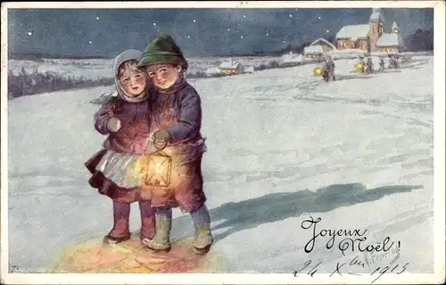 Künstler Ak Feiertag, Karl, Kinder am Abend im Schnee mit Laterne, Frohes Neujahr, BKWI 8014-3