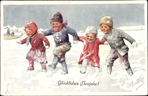 Künstler Ak Feiertag, Karl, Kinder im Schnee spielend, Glückliches Neujahr, BKWI 3017