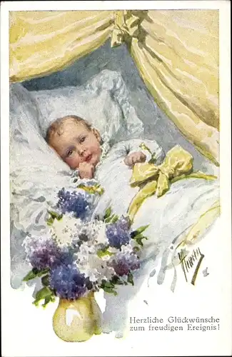 Künstler Ak Feiertag, Karl, weich gebettet, Kleinkind, Blumenstrauß, BKWI 356-5