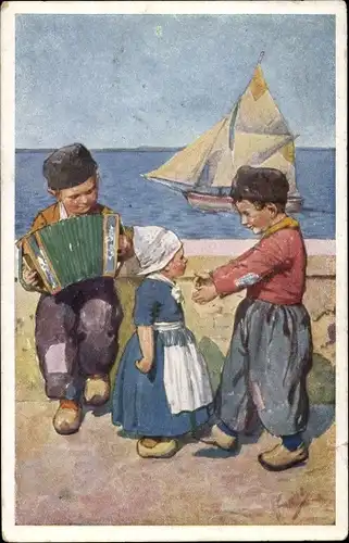 Künstler Ak Feiertag, Karl, drei Kinder in Tracht, Segelboot, BKWI 351-6
