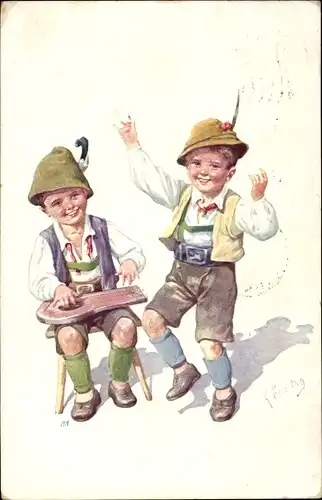 Künstler Ak Feiertag, Karl, zwei Jungen in Tracht, fröhliches musizieren, Zither