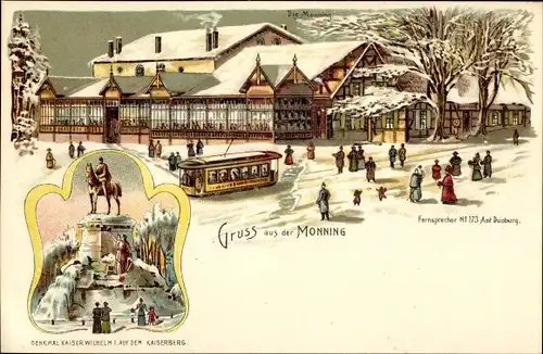 Litho Duisburg im Ruhrgebiet, Monning, Gastwirtschaft, Winter, Straßenbahn, Kaiserberg, Denkmal