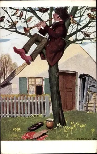 Künstler Ak Spiegel, F., Der Sonderling, Mann mit Flöte auf einem Baum, Vögel