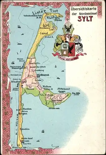 Wappen Landkarten Ak Insel Sylt in Nordfriesland, Totalansicht der Insel, Munkmarsch, Lister Tief
