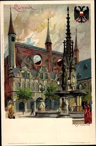 Künstler Litho Kley, Heinrich, Lübeck, Historisches Rathaus am Markt, Brunnen