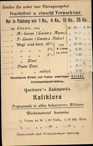 Ak Hamburg Eimsbüttel, Queisser's Zahnpasta Kaliklora, Bestellkarte, Reklame, Queisser & Co GmbH