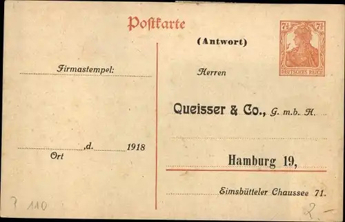 Ak Hamburg Eimsbüttel, Queisser's Zahnpasta Kaliklora, Bestellkarte, Reklame, Queisser & Co GmbH
