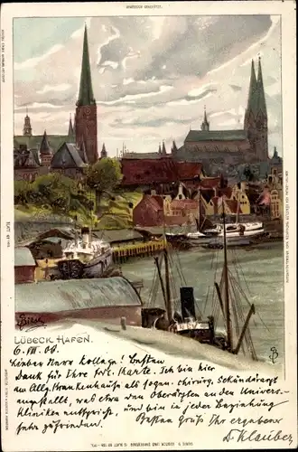 Künstler Litho Bilse, Lübeck in Schleswig Holstein, Hafen mit Blick zur Stadt