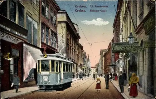 Ak Kraków Krakau Polen, Ul. Slawkowska, Slakauer Gasse, Straßenbahn