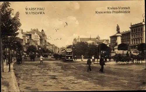 Ak Warszawa Warschau Polen, Krakowskie Przedmieście, Krakauer Vorstadt, Straßenbahn
