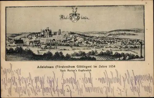 Künstler Ak Merian, Adelebsen am Solling, historische Ansicht 1654, Kupferstich