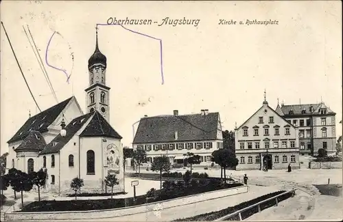 Ak Oberhausen Augsburg in Schwaben, Kirche, Rathausplatz