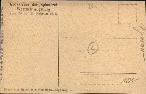 Ak Augsburg in Schwaben, Großfeuer der Spinnerei Wertach, Februar 1912