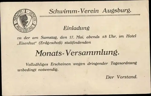 Ak Augsburg in Schwaben, Schwimmverein Augsburg, Monatsversammlung im Hotel Eisenhut