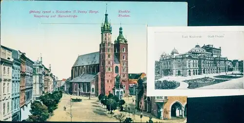 Leporello Ak Kraków Krakau Polen, Hauptring, Marienkirche, Stadttheater