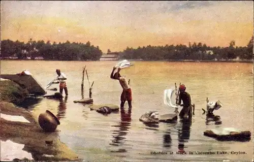 Ak Colombo Ceylon Sri Lanka, Dhobies at work in Colombo Lake