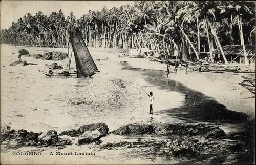 Ak Dehiwala Mount Lavinia Colombo Ceylon Sri Lanka, Strandpartie, Palmen, Boot, Einheimische