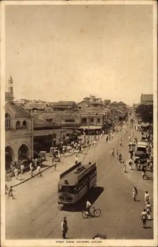 Ak Colombo Ceylon Sri Lanka, Street Scene, Straßenbahn