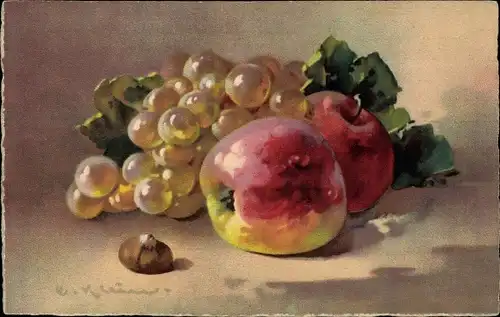 Künstler Ak Klein, Catharina, Früchtestillleben, Weintrauben, Äpfel