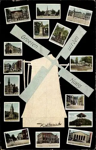 Ak Den Haag Südholland Niederlande, Gebäude, Statuen, Plätze, Windmühle