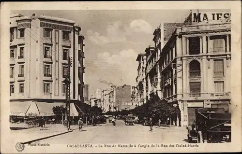 Ak Casablanca Marokko, La Rue de Marseille a l'angle de la Rue des Ouled-Harriz