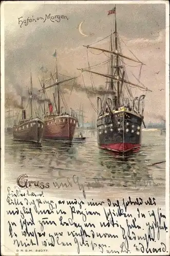 Litho Hafen am Morgen, Segelschiffe, Dampfer