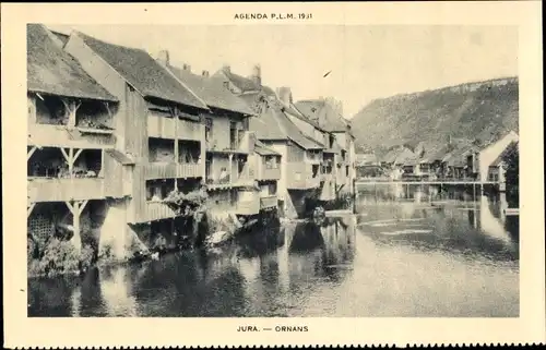 Ak Ornans Doubs, Jura, Häuser am Wasser