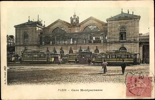 Ak Paris XV Vaugirard, La Gare Montparnasse, tramways