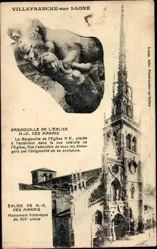 Ak Villefranche sur Saône Rhône, Gargouille de et l'Eglise N-D. des Marais