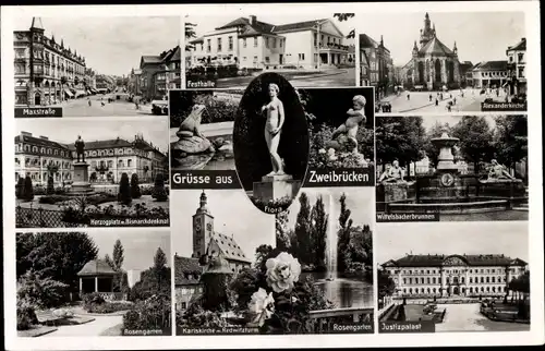 Ak Zweibrücken in der Pfalz, Rosengarten, Justizpalast, Festhalle, Flora, Bismarckdenkmal