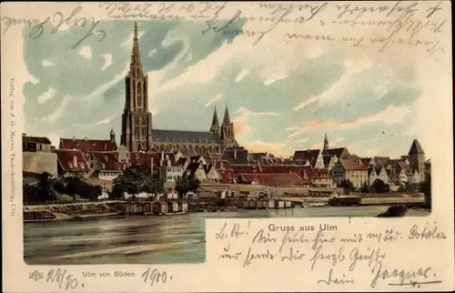 Litho Ulm an der Donau, Ulm von Süden, Kirche, Teilansicht vom Ort