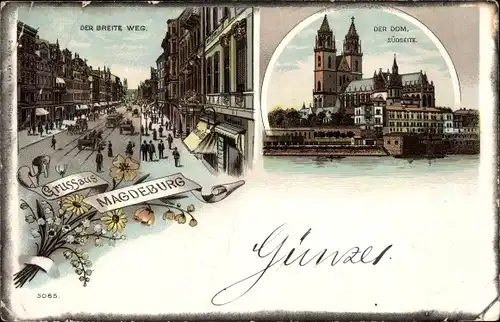 Litho Magdeburg an der Elbe, Der breite Weg, Straßenbahn, Der Dom, Südseite