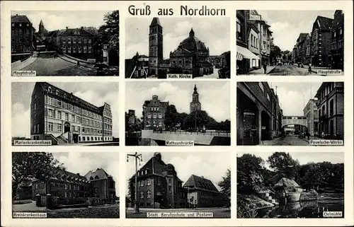 Ak Nordhorn in der Grafschaft Bentheim, Hauptstraße, Kath. Kirche, Marienkrankenhaus, Oelmühle