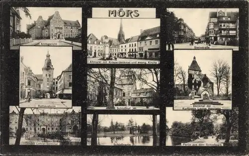 Ak Moers am Niederrhein, Amtsgericht, Steinstraße, Rathausturm, Schloßpartie, Schloßpark