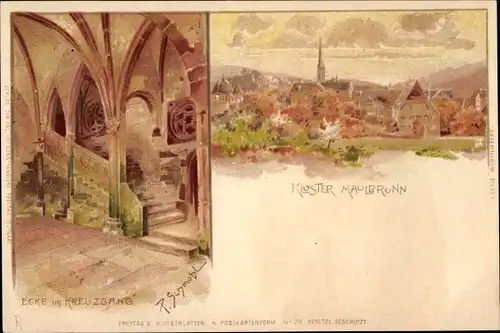 Künstler Litho Schmohl, P., Maulbronn im Schwarzwald, Kloster, Ecke um Kreuzgang