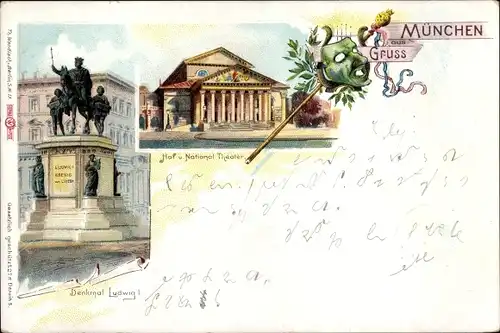 Litho München Bayern, Denkmal Ludwig I, Hof u. National Theater