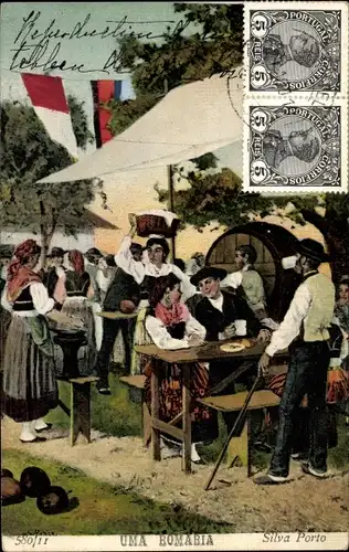 Ak Silva Porto, Menschen in portugiesischer Tracht, Fest, Bier