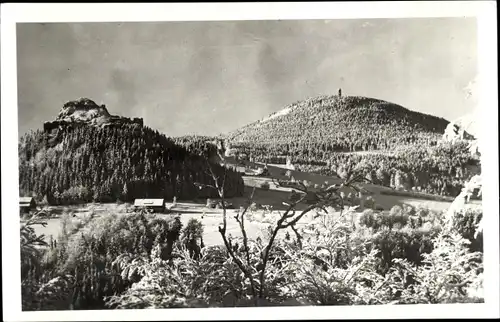 Ak Jiřetín pod Jedlovou Sankt Georgenthal, Burg Tolštejn, Tollenstein im Winter