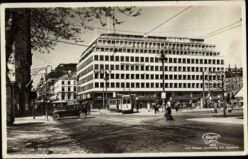 Ak Stockholm Schweden, Norrmalmstorg, Straßenbahn