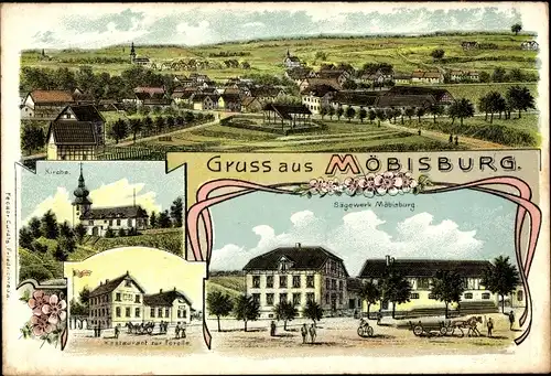 Litho Möbisburg Rhoda Erfurt in Thüringen, Sägewerk, Kirche, Restaurant zur Forelle, Totalansicht