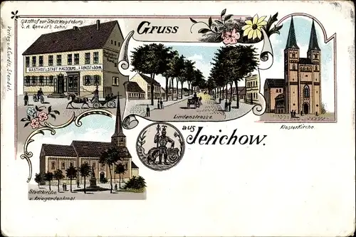 Litho Jerichow, Gasthof Stadt Magdeburg v. A. Genests Sohn, Klosterkirche, Lindenstraße, Stadtkirche