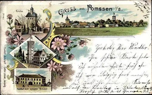 Litho Pomßen Parthenstein in Sachsen, Kirche, Schloss, Gasthof zum weißen Schwan
