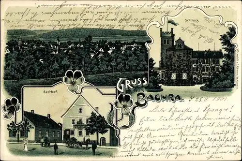 Litho Bachra Rastenberg in Thüringen, Gesamtansicht, Gasthof, Schloss