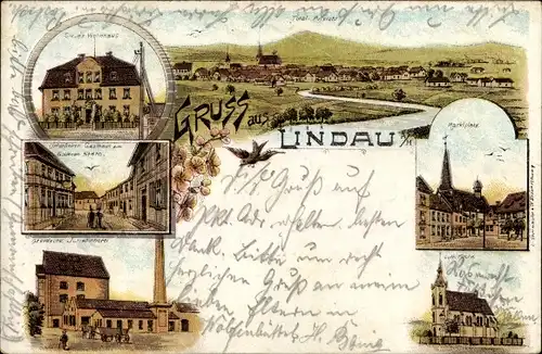 Litho Lindau am Harz, Panorama, Marktplatz, Kirche, Fabrik, Gasthaus, Wohnhaus