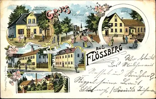 Litho Flössberg Frohburg in Sachsen, Dernhardt's Restauration, Gasthof, Rittergut, Dorfstraße