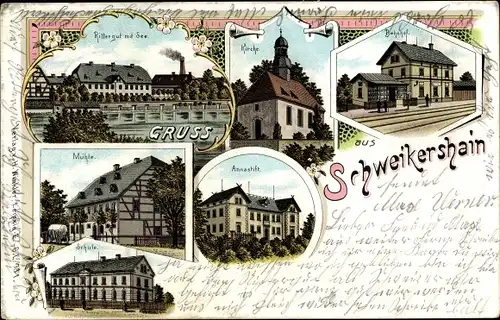 Litho Schweikershain Erlau in Sachsen, Rittergut, Bahnhof, Kirche, Annastift, Mühle, Schule