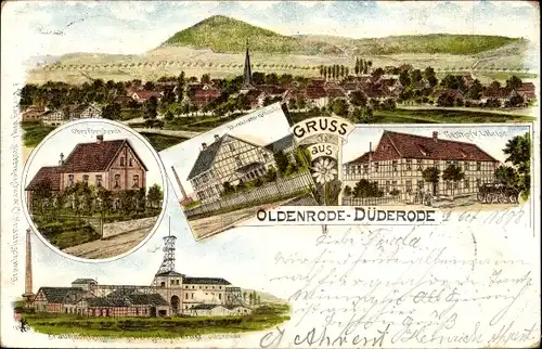 Litho Oldenrode Düderode Kalefeld am Harz, Panorama, Gasthof Heise, Braunkohlengrube, Oberförsterei