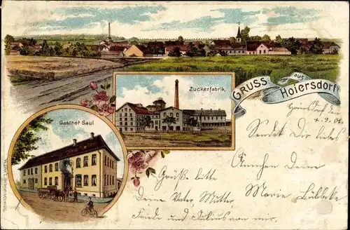 Litho Hoiersdorf Schöningen, Gesamtansicht, Gasthof Saul, Zuckerfabrik