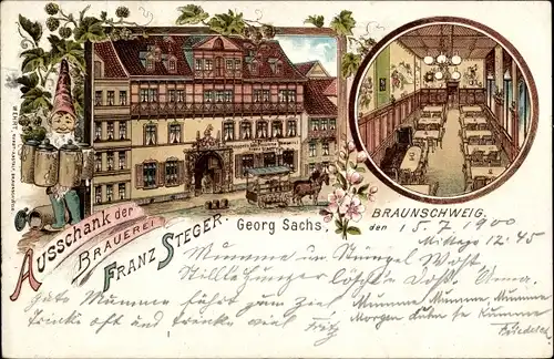 Litho Braunschweig in Niedersachsen, Ausschank der Brauerei Franz Steger, Zwerg, Bierkrüge